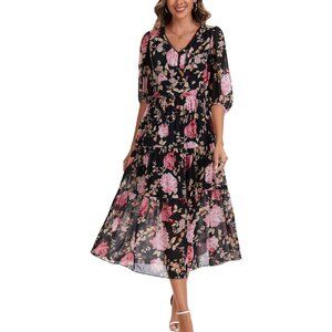 Women's Boho Chiffon Dress Large V Neck 3/4 Sleeve Long Flowy Casual